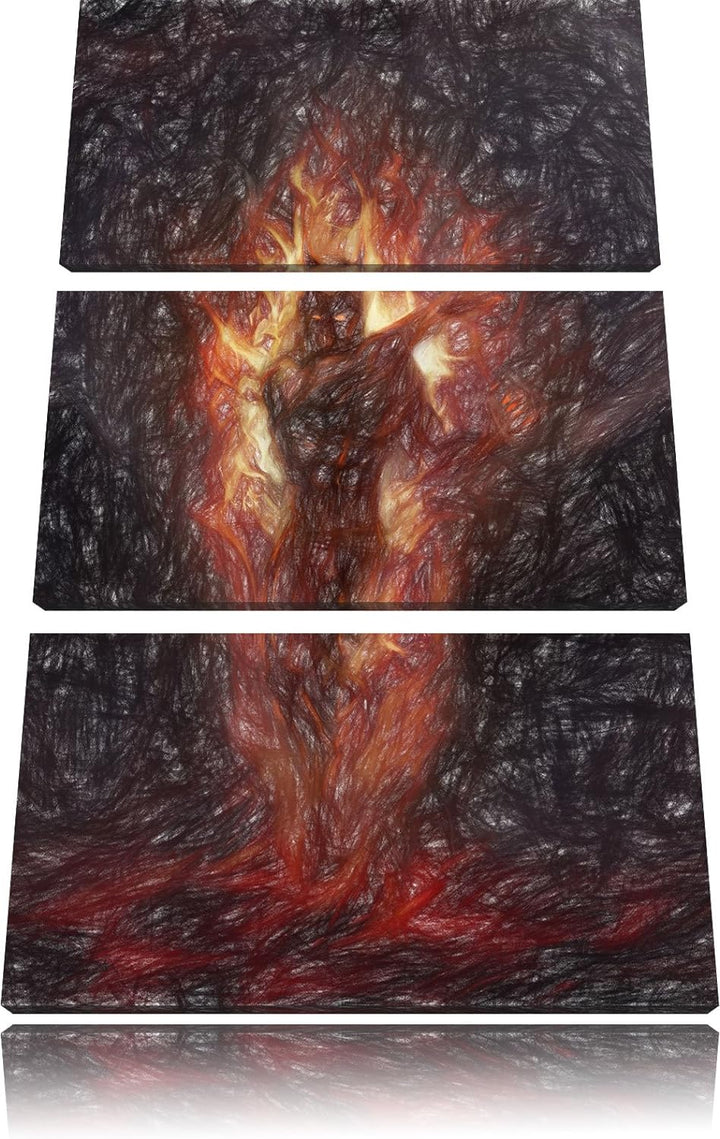 Pixxprint Verdunkelter Dämon des Feuers Kunst Buntstift Effekt 3-Teiler Leinwandbild 120x80 Bild auf
