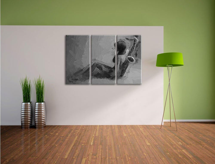 Pixxprint Attraktive Frau mit Saxophone Pinsel Effekt 3-Teiler Leinwandbild 120x80 Bild auf Leinwand