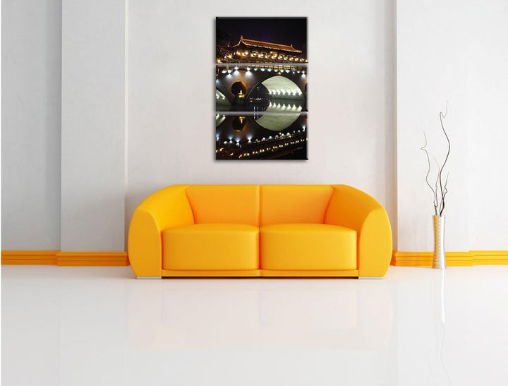 Pixxprint hellerleuchtete chinesische Brücke als Leinwandbild/Grösse: 3 Teilig (120x80) cm/Wandbild/