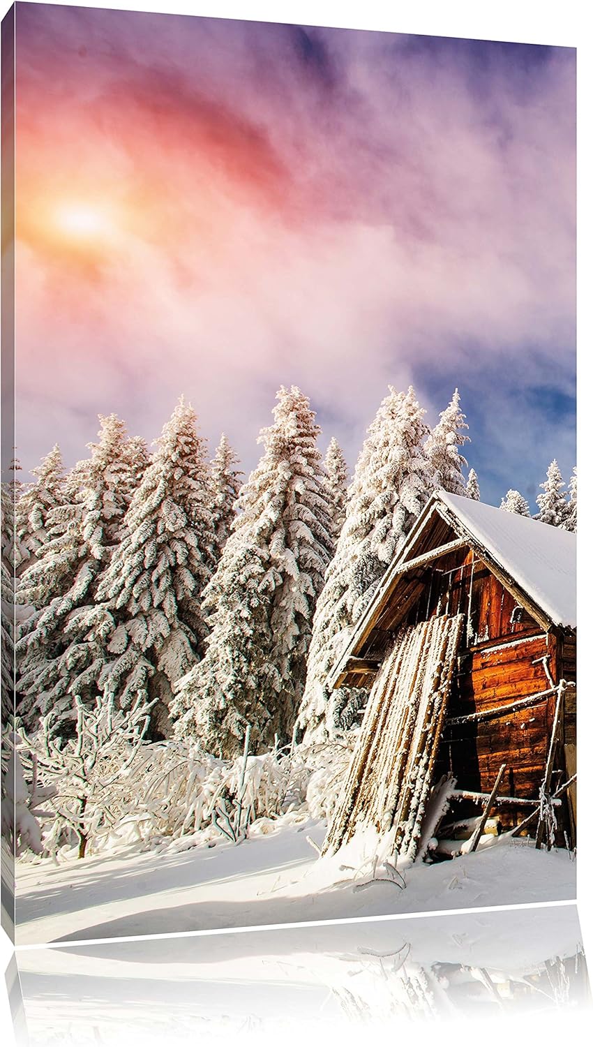 Holzhütte im Schnee, Format: 100x70 auf Leinwand, XXL riesige Bilder fertig gerahmt mit Keilrahmen,