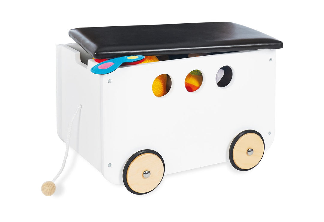 Pinolino Spielzeugkiste Jim, aus Holz und Kunstleder, mit Zugschnur und gummierten Holzrädern, Decke