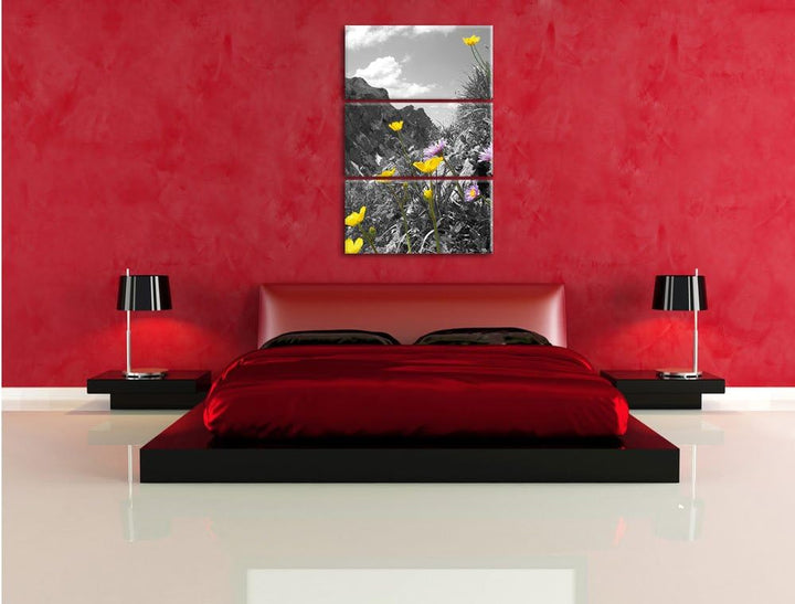 Pixxprint Traumhafte Blumenwiese im Frühling schwarz/weiss 3-Teiler Leinwandbild 120x80 Bild auf Lei