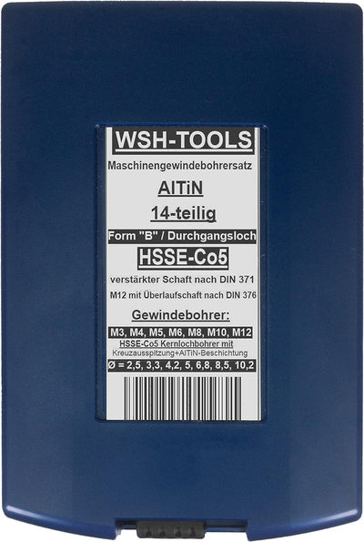 WSH-TOOLS Maschinengewindebohrer Set Durchgangsloch M3, M4, M5, M6, M8, M10, M12 HSSE-Co5 Kunststoff