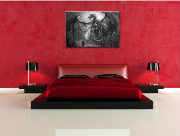 Pixxprint Drache schützend über Burg / 100x70cm Leinwandbild bespannt auf Holzrahmen/Wandbild Kunstd