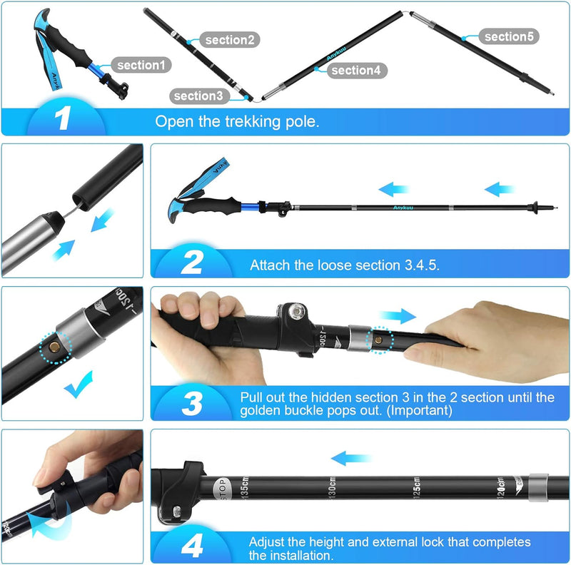 Anykuu Wanderstöcke Trekkingstöcke Faltbar Nordic Walking Stöcke 7075 Aluminium Klappstab Teleskop V