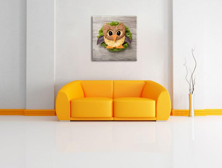 das lustige Eulen Sandwich, Format: 70x70 auf Leinwand, XXL riesige Bilder fertig gerahmt mit Keilra