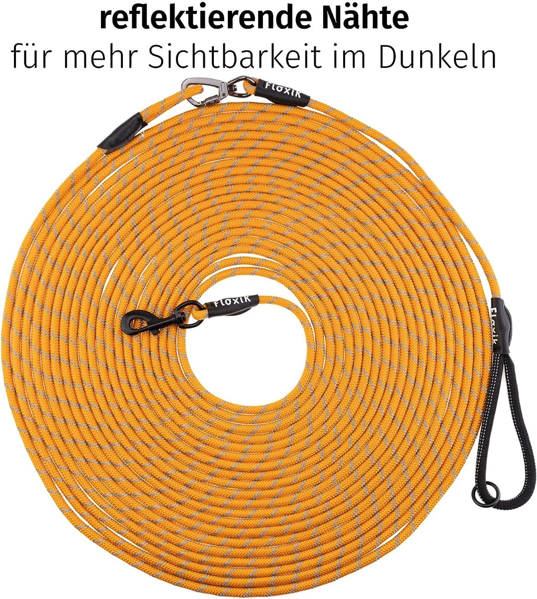 Floxik Schleppleine für Hunde | 5m, 10m, 15m, 20m orange | reflektierende Tauleine mit Abnehmbarer H