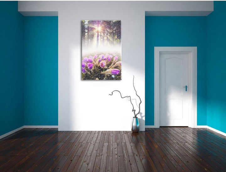 Pixxprint blühende lila Blumen im Wald Kunst Buntstift Effekt, Format: 100x70 auf Leinwand, 100x70