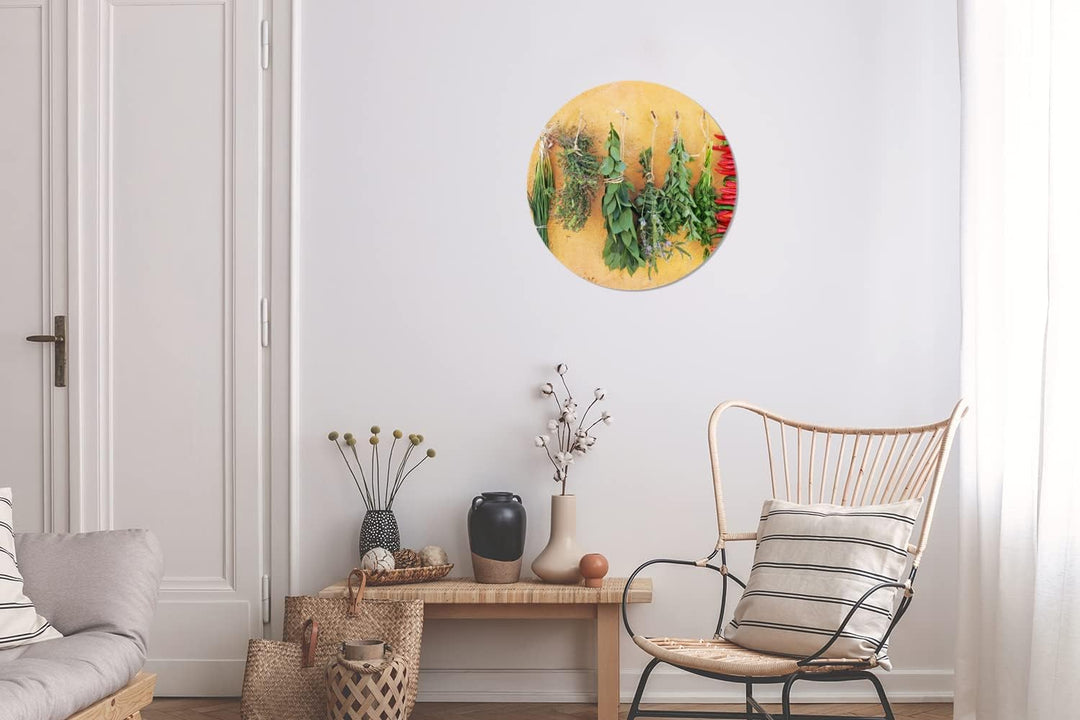 MuchoWow Wandbild Rund Wanddeko Deko Wohnzimmer Bilder 30x30 cm Mediterrane Kräuter, 30x30 cm