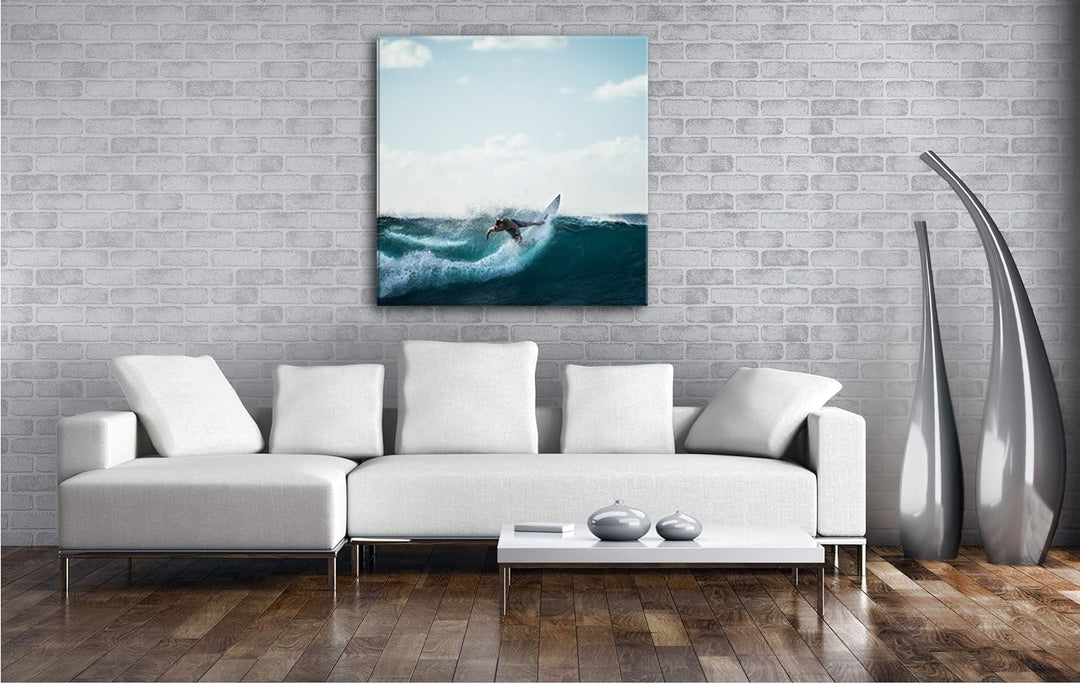 deyoli Cooler Surfer beim Wellenreiten Format: 70x70 als Leinwandbild, Motiv fertig gerahmt auf Echt