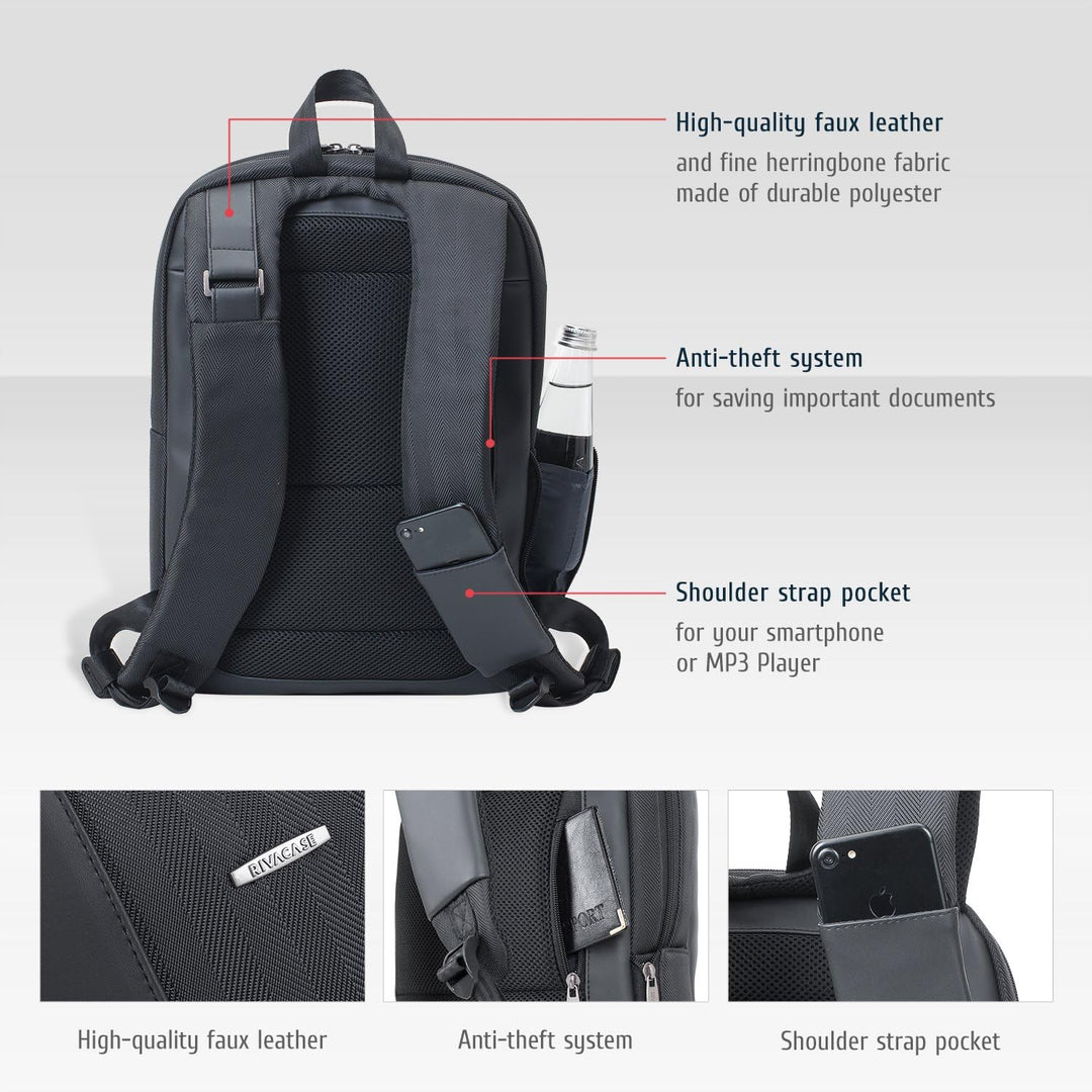 RIVACASE leichter Laptop Rucksack bis 14 Zoll – Stadtrucksack aus Polyester und Kunstleder mit extra