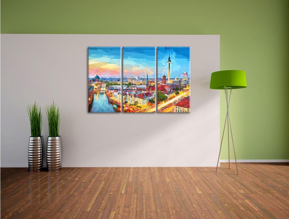 Pixxprint Berlin City Panorama Kunst Pinsel Effekt 3-Teiler Leinwandbild 120x80 Bild auf Leinwand