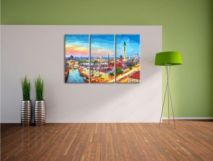 Pixxprint Berlin City Panorama Kunst Pinsel Effekt 3-Teiler Leinwandbild 120x80 Bild auf Leinwand