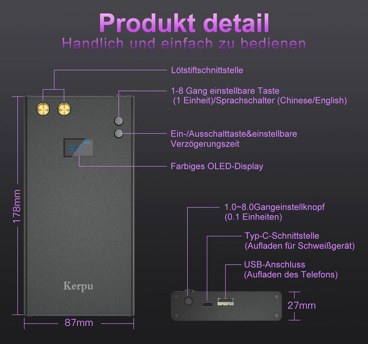 Akku-Punktschweissgerät, Kerpu Mini-Punktschweissgerät mit LCD-Bildschirm, 7500mAh Batterie 70-Gänge