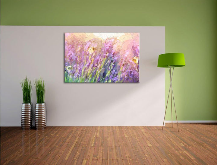 Pixxprint Schmetterlinge auf Lavendelblumen Kunst Pinsel Effekt, Format: 100x70 auf Leinwand, 100x70