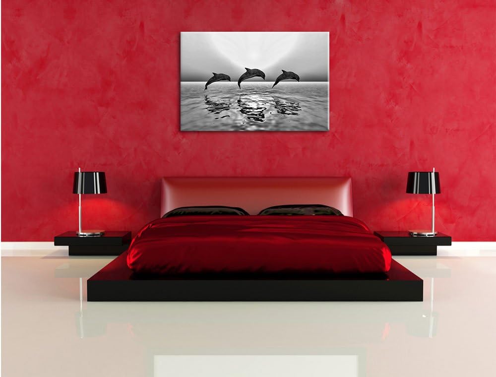 Pixxprint Delfine im Sonnenuntergang als Leinwandbild/Grösse: 100x70 cm/Wandbild/Kunstdruck/fertig b