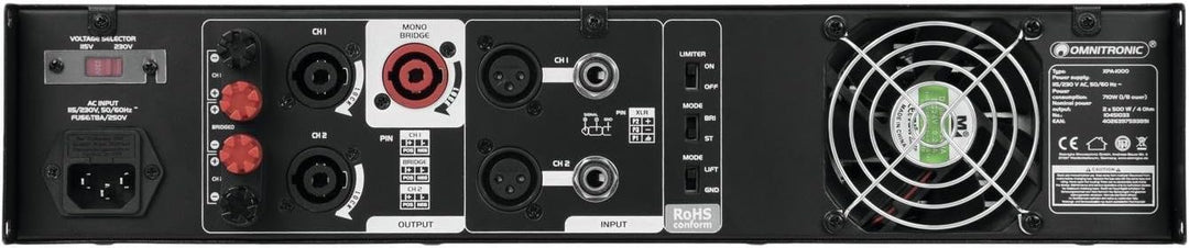 Omnitronic XPA-1000 Endstufe | Stereo-PA-Verstärker mit Limiter, 2 x 500 W / 4 Ohm, 2 x 375 W / 8 Oh