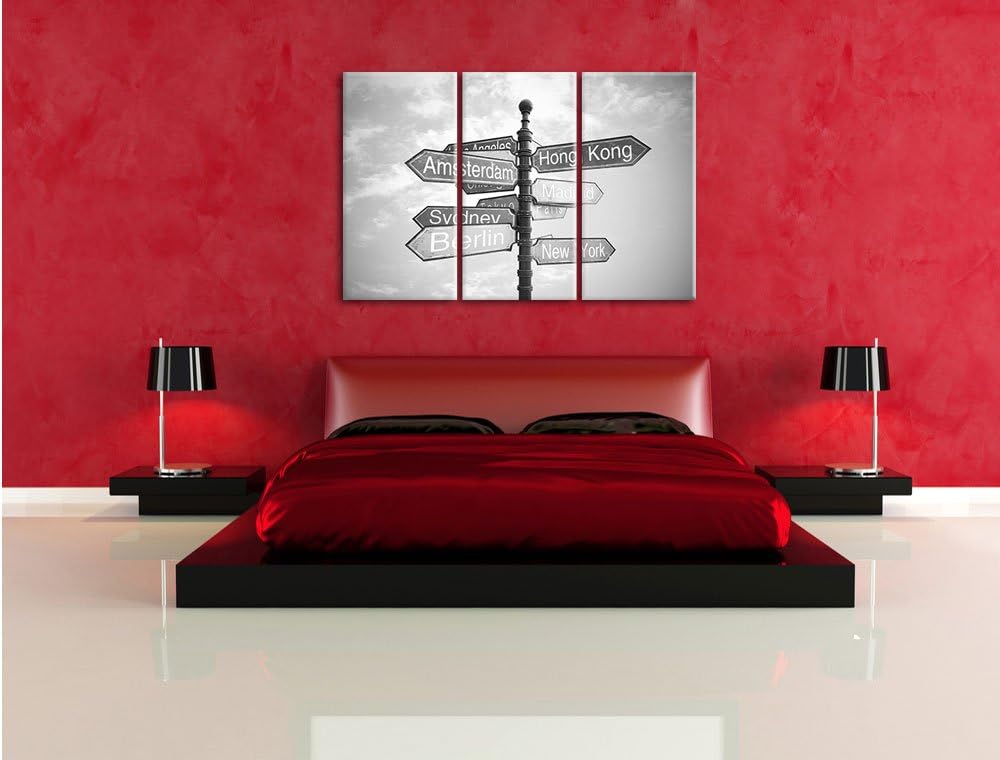 Pixxprint Städte Wegweiser Kunst B&W als Leinwandbild | Grösse: 3 Teilig (120x80) | Wandbild| Kunstd