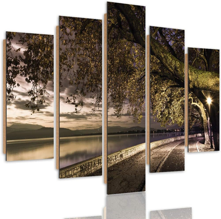 Bilder 5 Teilig Landschaft Deco Panel Kunst Weg Bäume See Abend bunt 100x70 cm Deco panel 100x70 cm