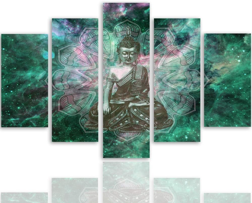 Feeby Bilder Abstrakt 300x140 cm Leinwandbild 5 Teilig XXL Kunstdruck modern Buddha grün Leinwandbil