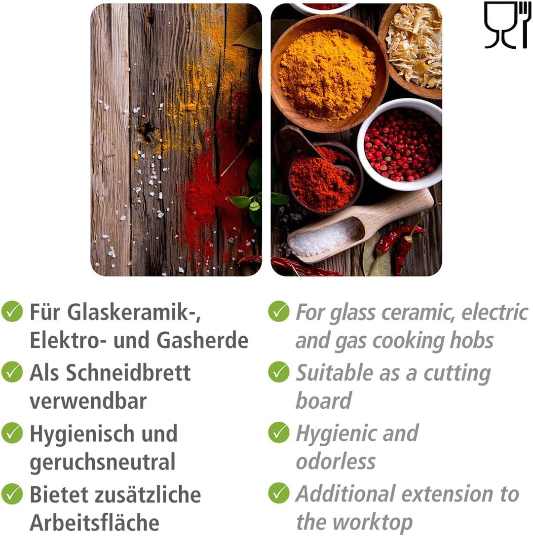 WENKO Glasabdeckplatten Universal XL, 2er Set Herdabdeckplatten mit Gewürz-Motiv aus gehärtetem Glas