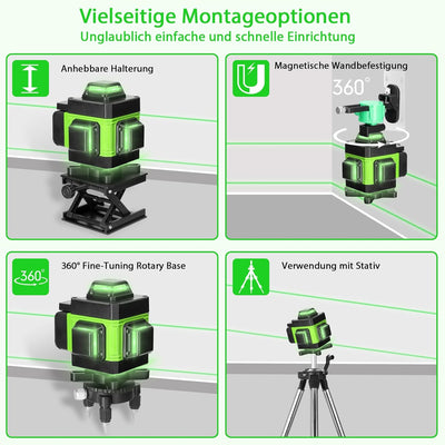 Kreuzlinienlaser Grün kit Hancaner 16 Line Laser Level IP54 Wasserwaage 360° Kreuzlinienlaser Selbst