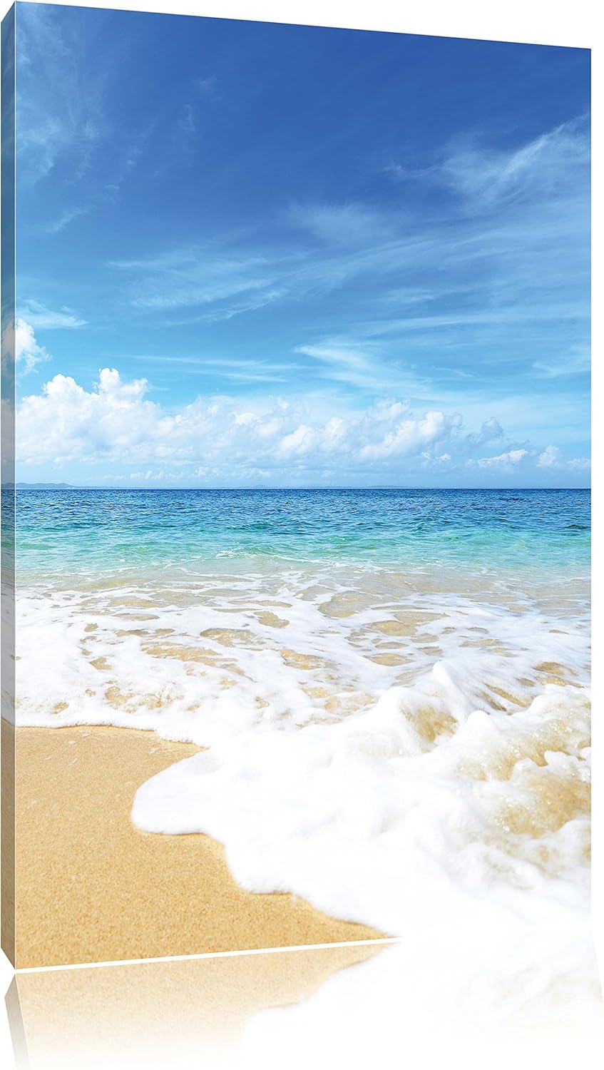 Pixxprint Sand Strand Wellen Sonne / 100x70cm Leinwandbild bespannt auf Holzrahmen/Wandbild Kunstdru