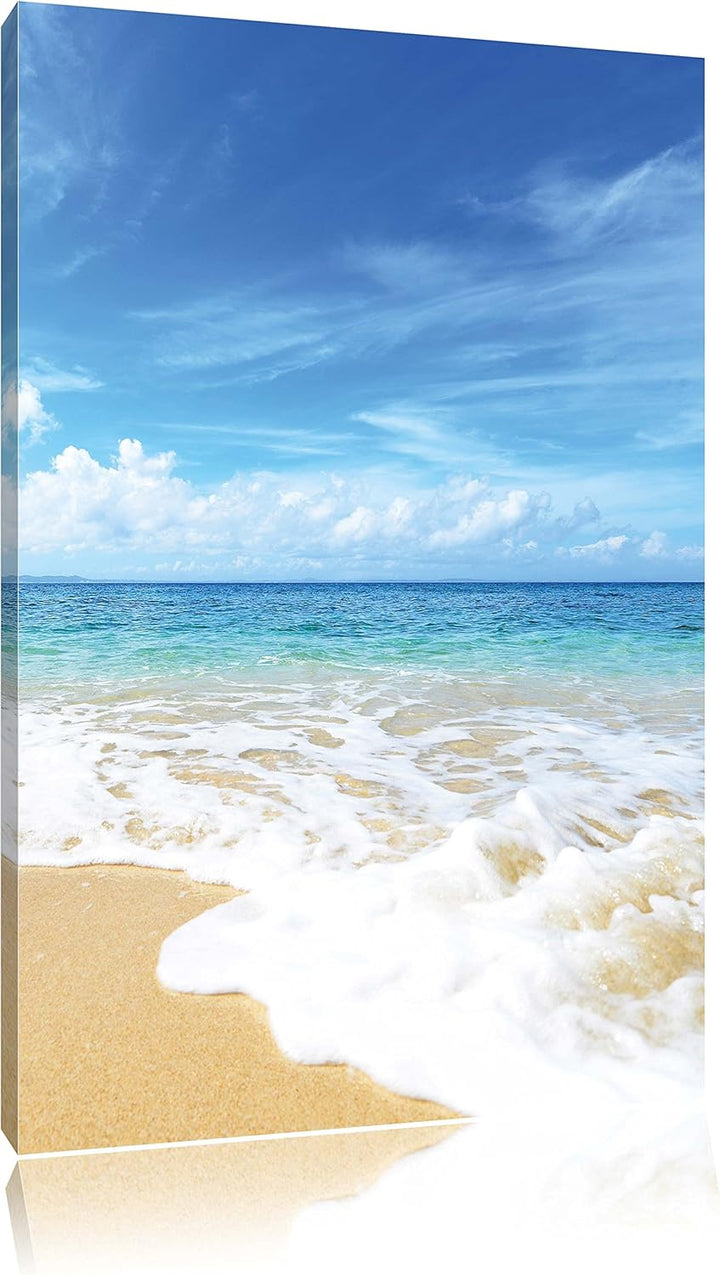 Pixxprint Sand Strand Wellen Sonne / 100x70cm Leinwandbild bespannt auf Holzrahmen/Wandbild Kunstdru