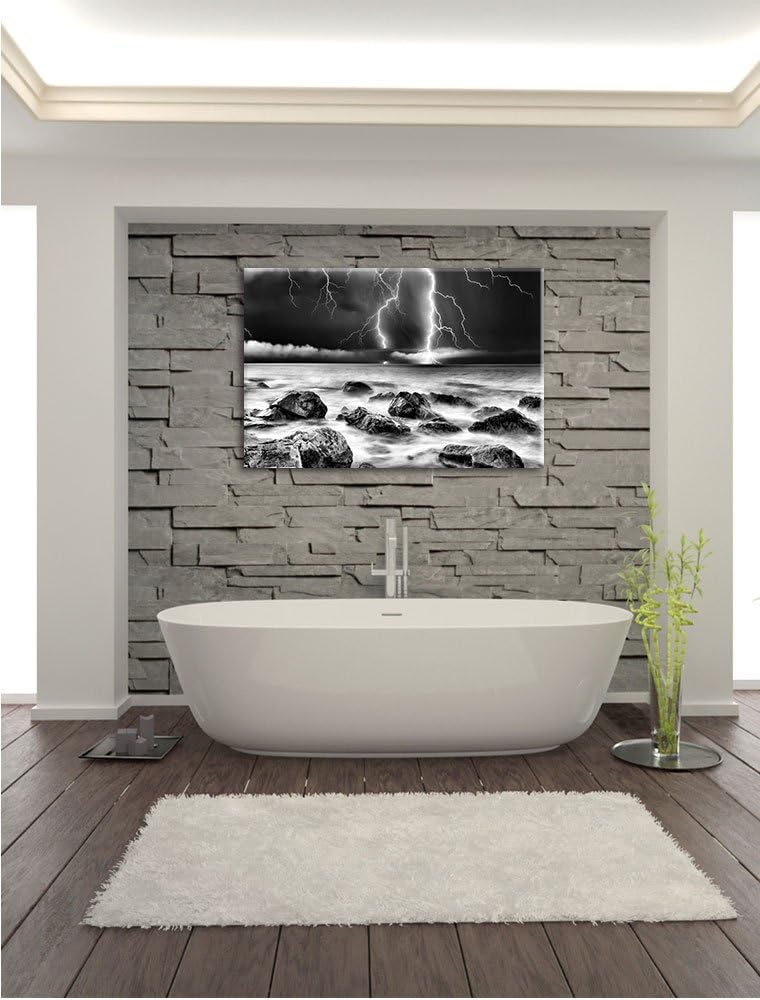 Pixxprint Blitzeinschlag in Meer / 100x70cm Leinwandbild bespannt auf Holzrahmen/Wandbild Kunstdruck