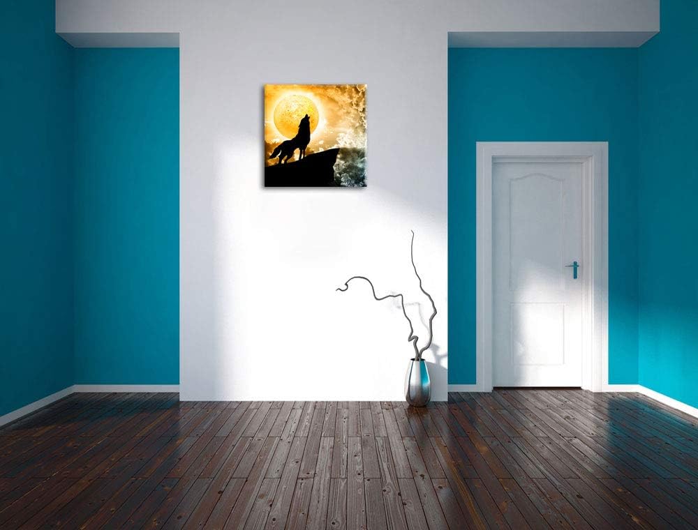 Wolf heult den Mond an, Format: 70x70 auf Leinwand, XXL riesige Bilder fertig gerahmt mit Keilrahmen
