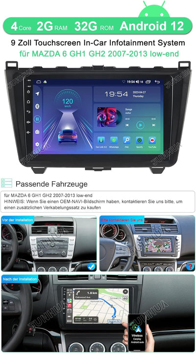 JUNHUA Android 12 Autoradio Stereo 2G RAM+32G ROM für Mazda 6 GH1 GH2 2007-2013 Low-End, mit 1280x80