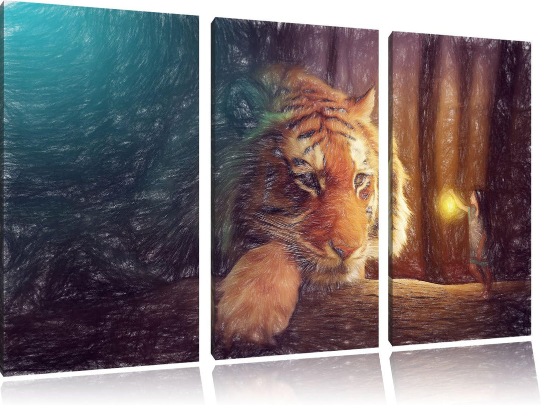 Pixxprint Eine Frau und EIN Riesen-Tiger als Leinwandbild/Grösse: 3 Teilig (120x80 cm) cm/Wandbild/K