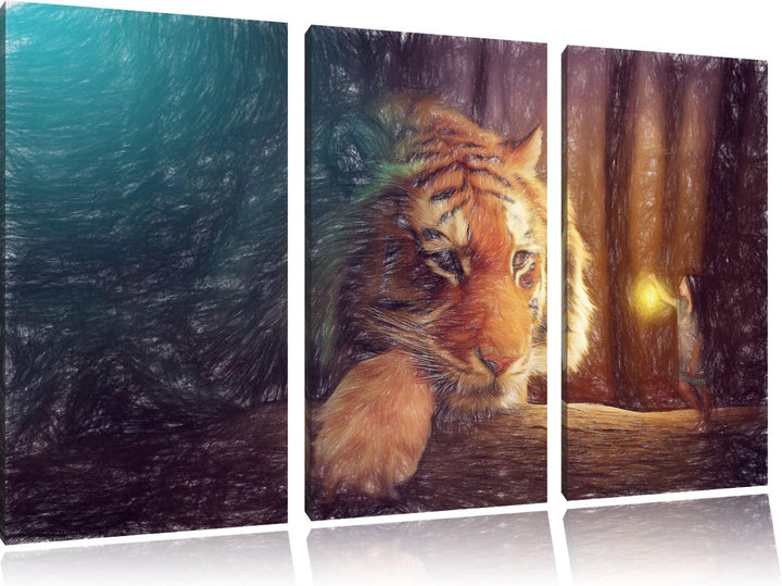 Pixxprint Eine Frau und EIN Riesen-Tiger als Leinwandbild/Grösse: 3 Teilig (120x80 cm) cm/Wandbild/K