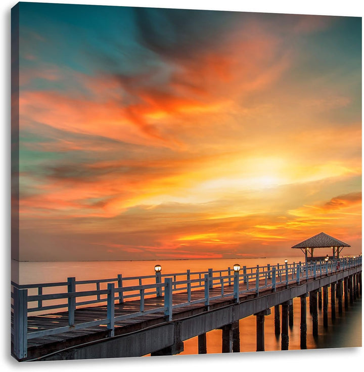 Pixxprint Steg ins Meer bei Sonnenuntergang als Leinwandbild Quadratisch/Grösse: 70x70 / Wandbild/Ku