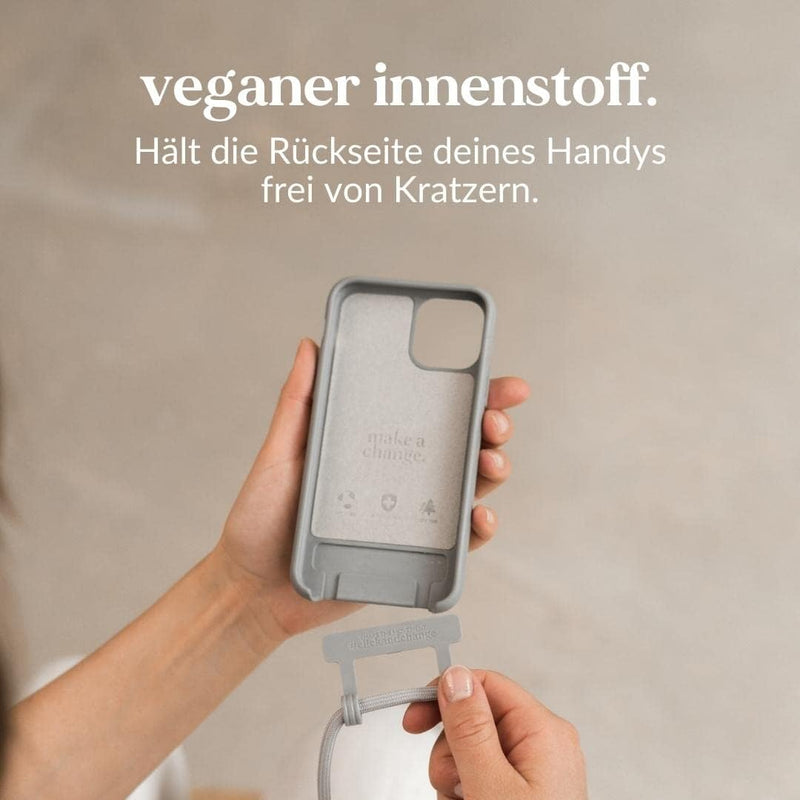 Woodcessories - Nachhaltige Handykette abnehmbar kompatibel mit iPhone 12 Mini Hülle mit Band grau -