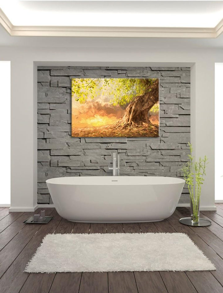 Pixxprint Verwurzelter starker Baum im Sonnenuntergang Kunst Pinsel Effekt, Format: 100x70 auf Leinw