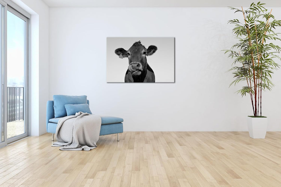 deyoli lustige Kuh Format: 60x40 Effekt: Schwarz/Weiss als Leinwand, Motiv fertig gerahmt auf Echtho