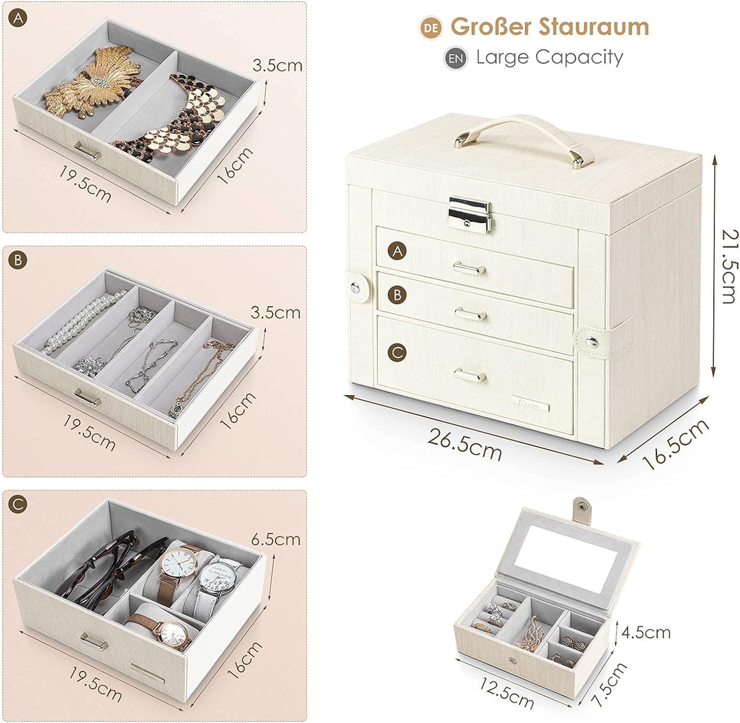 Yorbay Schmuckkästchen, abschliessbar mit Spiegel, 3 Schubladen und herausnehmbarer Mini-Box, Seelux