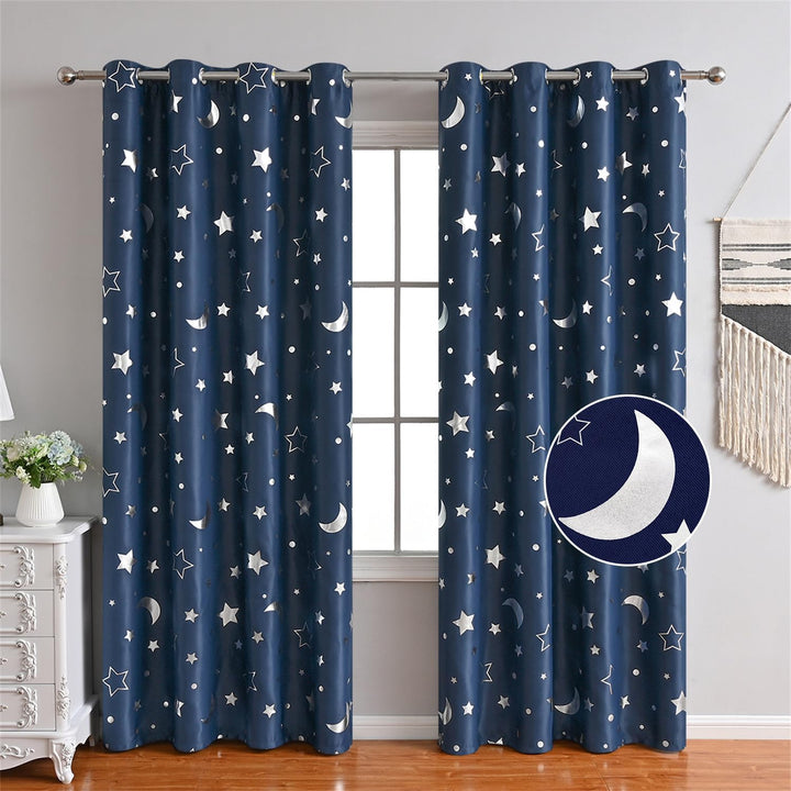 Freyamy Vorhang Blickdicht Dunkelblau Mond Sternenvorhänge 2 Stück,200x100cm (HxB) Niedliche Vorhäng