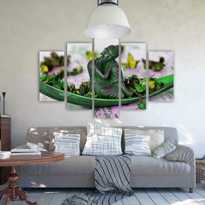 Feeby Bild auf Leinwand Buddha 5 Teilig Modern Blumen Blätter Meditation grün 150x100 cm Leinwandbil