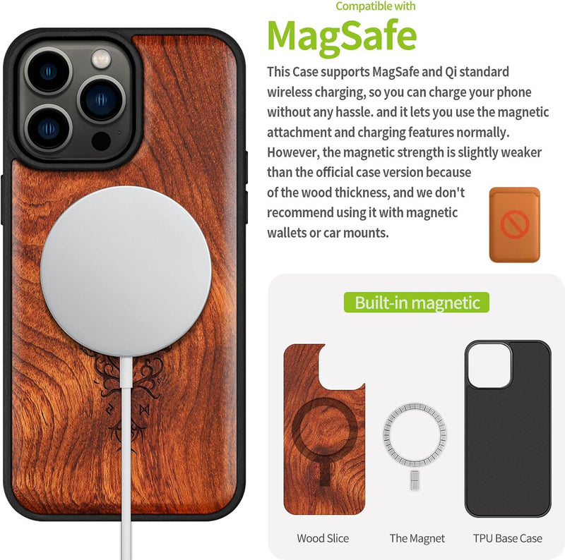 Carveit Holz Cover für iPhone 15 Pro Max hülle, Kompatibel mit Magsafe Silikon Stossfeste Cover, Mag