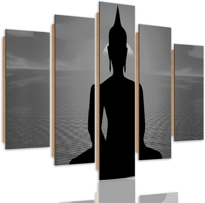 Feeby Wandbild Buddha 300x140 cm Deco Panel 5 Teilig XXL Kunstdruck modern Meer schwarz Deco panel X