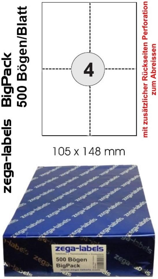 2.000 Etiketten 105 x 148 mm perforiert und selbstklebend auf DIN A4 Bögen (2x2 Etiketten DIN A6) -