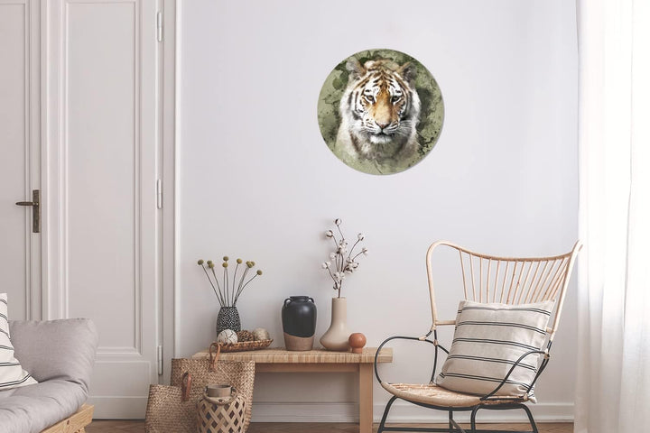 MuchoWow Wandbild Rund Wanddeko Deko Wohnzimmer Bilder 30x30 cm Tiger - Aquarell - Grün, 30x30 cm
