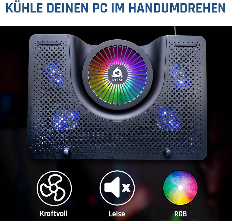 KLIM Nova + Laptop-RGB-Kühler- 11 bis 19 Zoll + Laptop-Gaming-Kühlung + USB-Lüfter + Stabil und leis