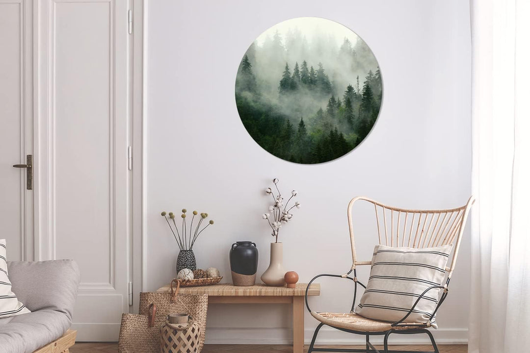 MuchoWow Wandbild Rund Wanddeko Deko Wohnzimmer Bilder 90x90 cm Wald - Nebel - Bäume - Natur, 90x90