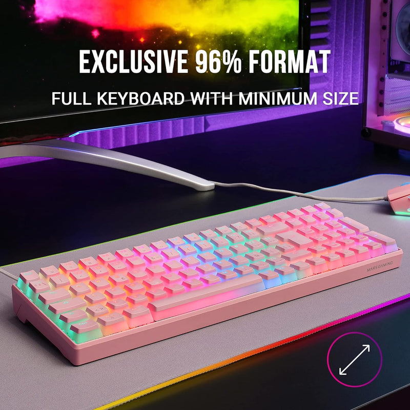 Mars Gaming MKULTRA, Mechanische Tastatur Pink RGB, Kompakt 96%, Schalter Outemu SQ Rot, Portugiesis