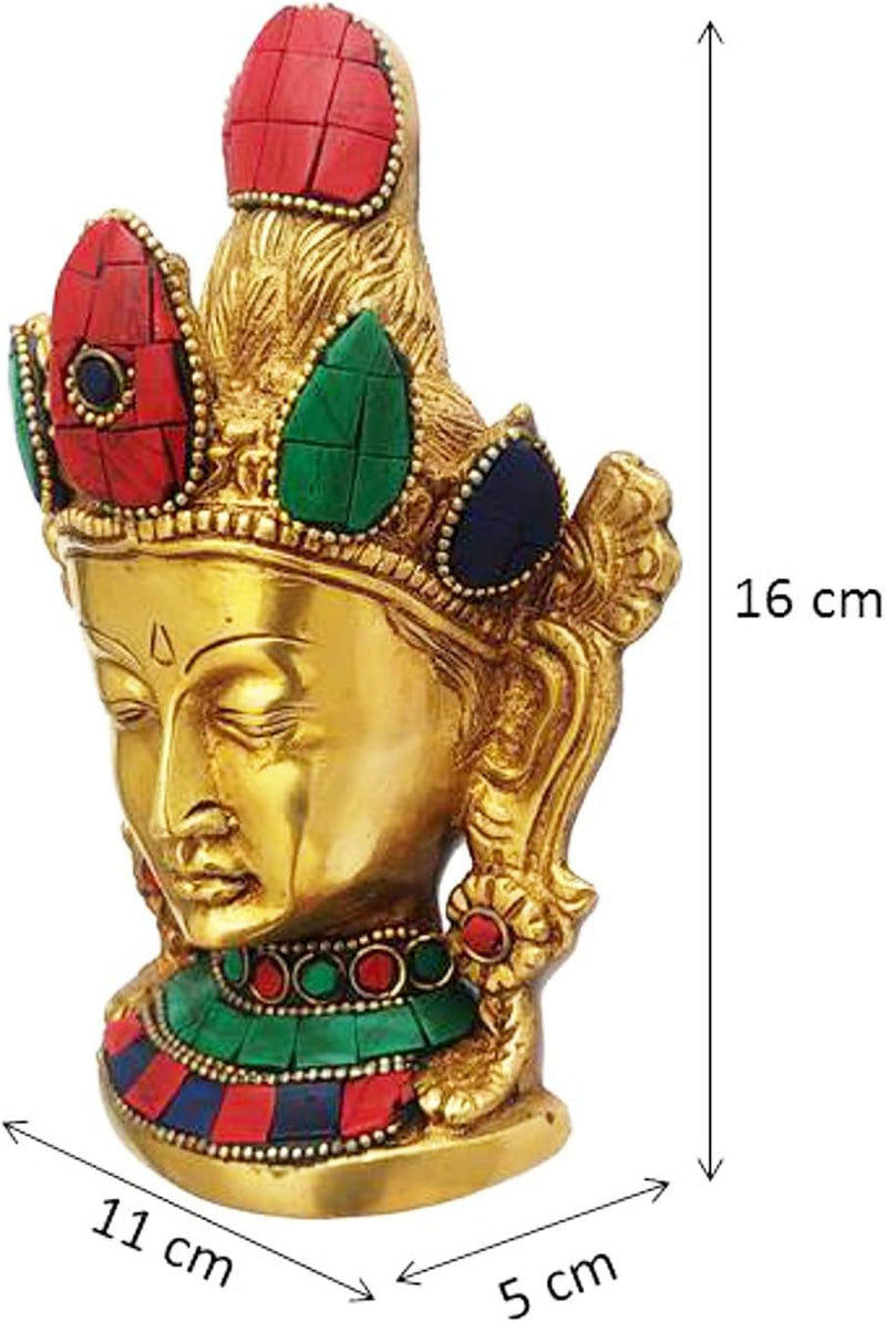 Purpledip Buddhist Goddess Tara Mask (Wall Hanging), Pure Brass with gemstone work (10649)