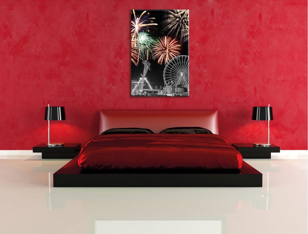 Pixxprint Silvester Feuerwerk schwarz/weiss als Leinwandbild/Grösse: 100x70 / Wandbild/Kunstdruck/fe