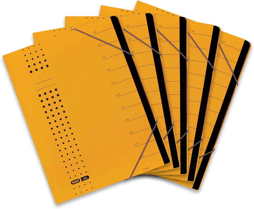 Elba Ordnungsmappe chic A4 aus Karton, 12 Fächer, gelb, 5 Stück gelb Ordnungsmappe chic A4, gelb Ord
